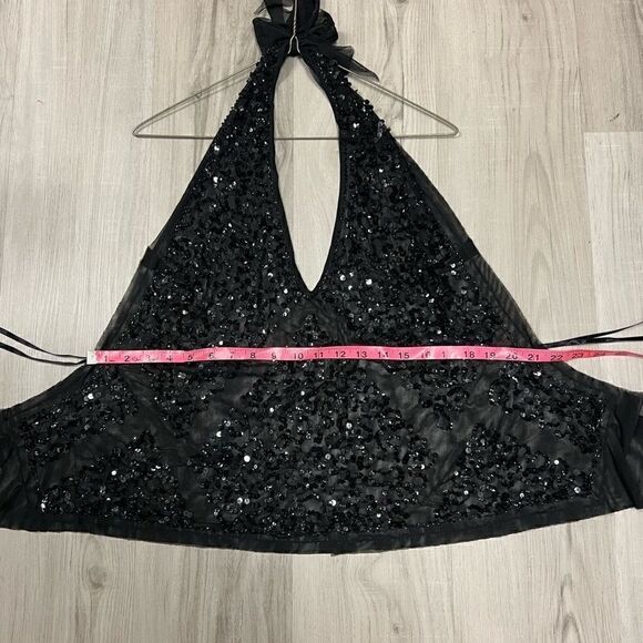 NWT Marciano by Guess black sequinned v neck tie back halter top sz L - Picture 4 of 16